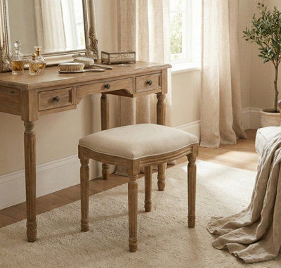 B&Q -  French Style Belle Dressing Table Stool ,white Washed Wood,beige Cushion