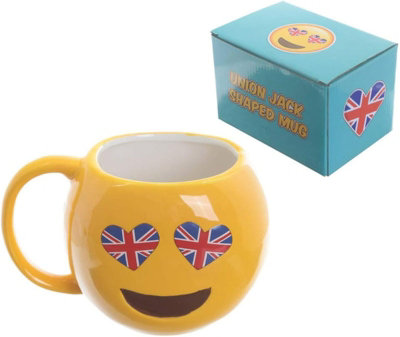Accessotech Yellow Union Jack Smiley Ceramic Mug Heart Eyes Novelty Cup from B&Q