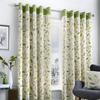 Fusion Beechwood Leaf Trail Pair Of 100% Cotton Eyelet Curtains Light