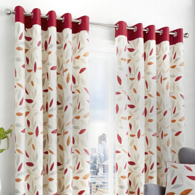 Fusion Beechwood Leaf Trail Pair Of 100% Cotton Eyelet Curtains Light
