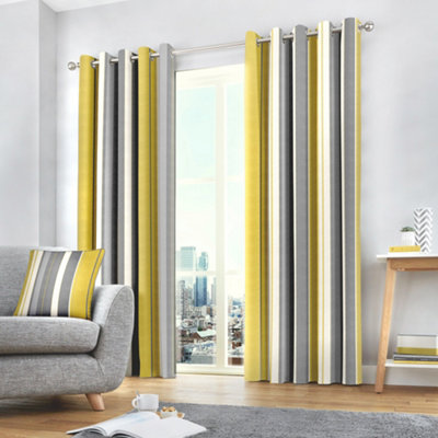 Fusion Whitworth Stripe Mustard Fully Lined 100% Cotton Eyelet Curtains from B&Q