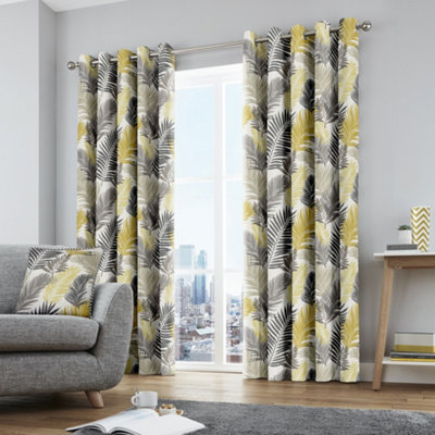 Fusion Tropical Exotic Palm Leaf Print 100% Cotton Eyelet Curtains Yellow