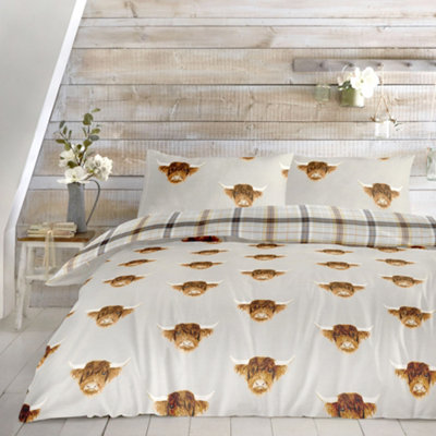 Fusion Light/Grey Highland Cow Print With Tartan Reverse Duvet Cover Set