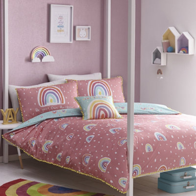 Appletree Rainbow Pom 100% Cotton Reversible Kids Duvet Cover Set With Pom Pom Embellishments Pink/Green