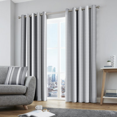 Fusion Whitworth Stripe Grey Fully Lined 100% Cotton Eyelet Curtains from B&Q