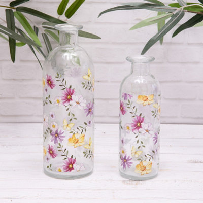 Annibells Meadow Floral Vintage Clear Glass Bottle Bud Vases (17699)Set Of 2 Sizes