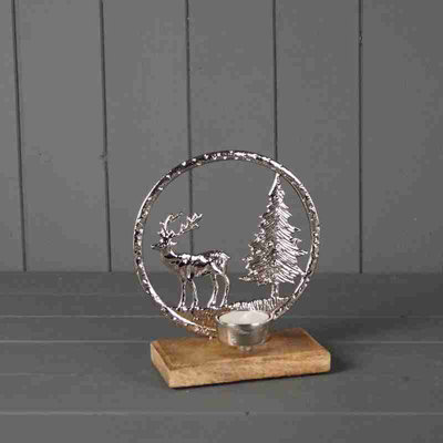 Round Silver Metal Reindeer Stag Christmas Tree Wooden Base (11606) from B&Q