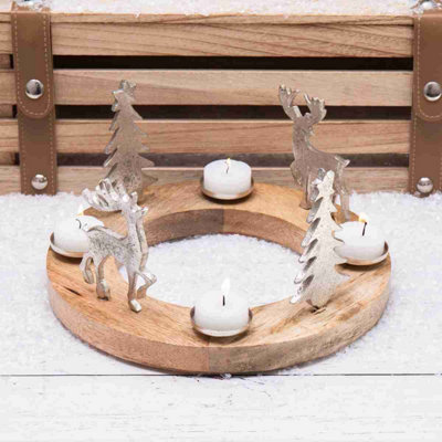 Annibells Silver Stag & Christmas Tree Ring Tealight Holder Wooden Base  (11360) from B&Q