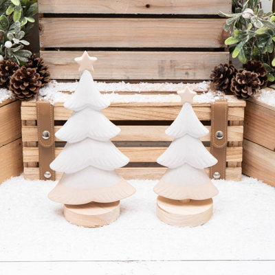 Annibells White Ceramic Christmas Tree On Wood Base (11179)Set Of 2 Sizes from B&Q