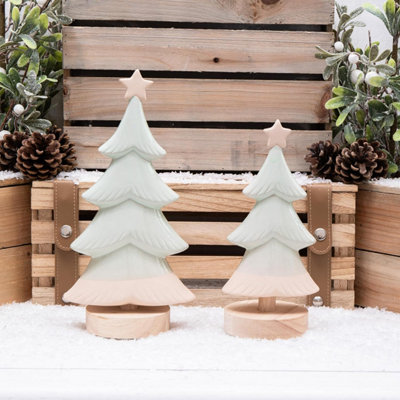 Annibells Sage Green Ceramic Christmas Tree On Wood Base (11188)Set Of 2 Sizes from B&Q