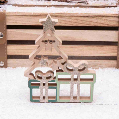 Annibells Wooden Glitter Christmas Tree & Presents Ornament (11142) from B&Q