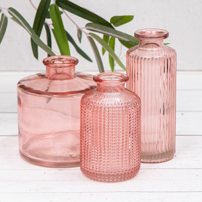 Annibells Set Of 3 Rose Pink Vintage Glass Bottles (9844)