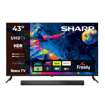Sharp 43Hj4225K 43 Inch 4K Ultra Hd Roku Smart Tv With Freely & Ht-Sb145 2.0 Bluetooth Soundbar