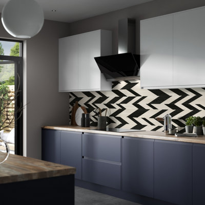 Black and white chevron Splashwall splashback with light wood effect accents and sleek shell finish.