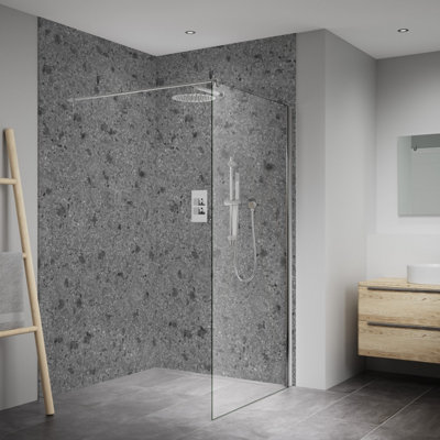 Splashwall Elite Mpc Postformed Bathroom & Wet Room Decorative Panel (H)2420mm (W)1200mmMatt Terrazzo Grey from B&Q