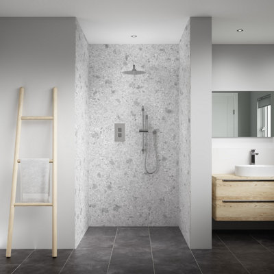 Splashwall Elite Mpc Tongue & Groove Bathroom & Wet Room Decorative Panel (H)2420mm (W)600mmMatt Terrazzo Light Grey from B&Q