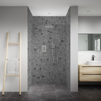 Splashwall Elite Mpc Tongue & Groove Bathroom & Wet Room Decorative Panel (H)2420mm (W)600mmMatt Terrazzo Grey from B&Q