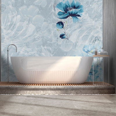 Splashwall Alloy Bathroom & Wet Room Decorative Panel (H)2440mm (W)1220mmGloss Blue Botanical Flowers from B&Q