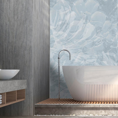 Splashwall Alloy Bathroom & Wet Room Decorative Panel (H)2440mm (W)1220mmGloss Blue Botanical from B&Q