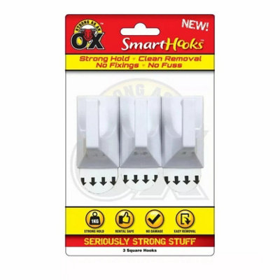 Maestro craft 3 Square Hooks  Removable No Wall Damage Strong Adhesive Hook 2.5 X 4.5Cm from B&Q