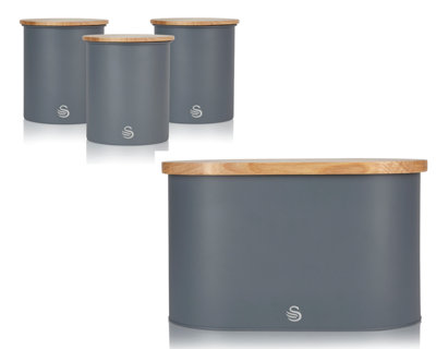 Swan Nordic Slate Grey Bread Bin With Bamboo Cutting Board Lid And 3 Matching Canisters0.846 L CanistersFsc Certified from B&Q