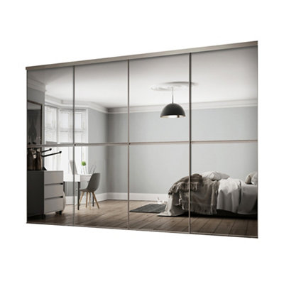 Spacepro Minimalist Mirror Panelled Mirrored Gloss 4 Door Sliding Wardrobe Door Kit (H)2220mm (W)2400mm from B&Q