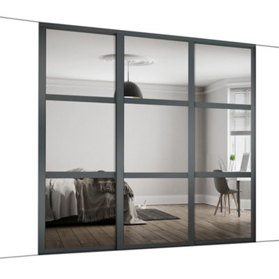 Spacepro Shaker Classic Panel Shaker Mirrored Graphite 3 Door Sliding Wardrobe Door Kit (H)2220mm (W)2136mm from B&Q