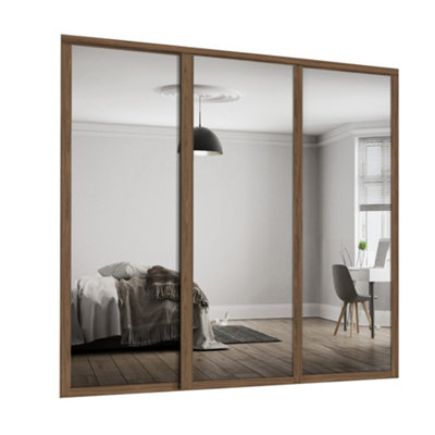 Spacepro Shaker 1 Panel Mirrored Carini Walnut Effect Framed Sliding Wardrobe Door Set Of 3 (H)2220mm (W)1680mm from B&Q