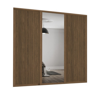 Spacepro Shaker 1 Panel Mirrored Carini Walnut Effect Framed Sliding Wardrobe Door Set Of 3 (H)2220mm (W)1680mm from B&Q
