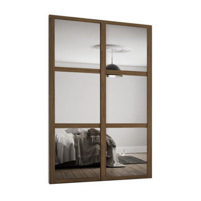 Spacepro Shaker 3 Panel Mirrored Carini Walnut Effect Framed Sliding Wardrobe Door Set Of 2 (H)2220mm (W)1449mm from B&Q