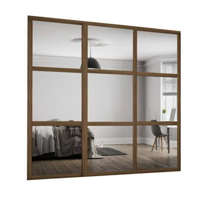Spacepro Shaker 3 Panel Mirrored Carini Walnut Effect Framed Sliding Wardrobe Door Set Of 3 (H)2220mm (W)1680mm from B&Q