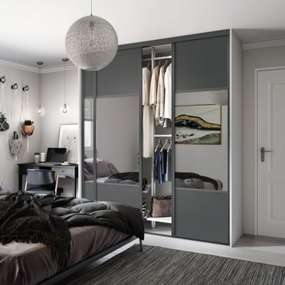 Spacepro Classic Wideline Mirrored Graphite Framed Sliding Wardrobe Door (H)2220mm (W)914mm from B&Q