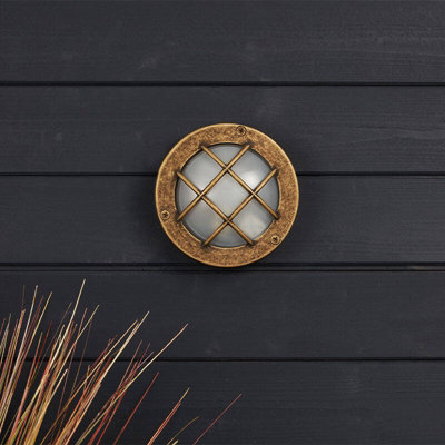 Portwest Westport Coastal Hull Outdoor Flush Wall Light Aged Brass from B&Q