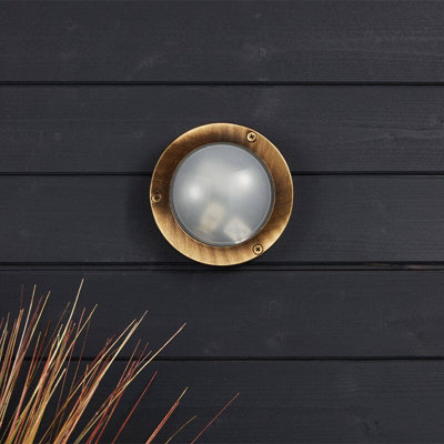 Portwest Westport Coastal Porthole Outdoor Flush Wall Light Brass from B&Q