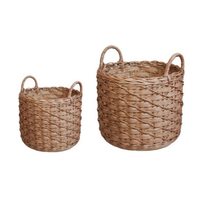 B&Q -  Woven Round Rattan Log Basket With Handles (Set Of 2)Brown