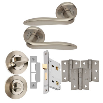 UAP Limited Uap E-Kappa Internal Door Handles Bathroom Pack With 65mm Lock Hinges Escutcheon Satin Nickel Polished from B&Q
