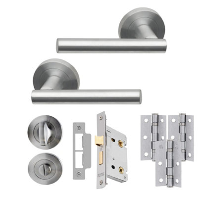 UAP Limited Uap Lynx Internal Door Handles Bathroom Pack With 65mm Lock Hinges Escutcheon Satin Chrome Polished from B&Q