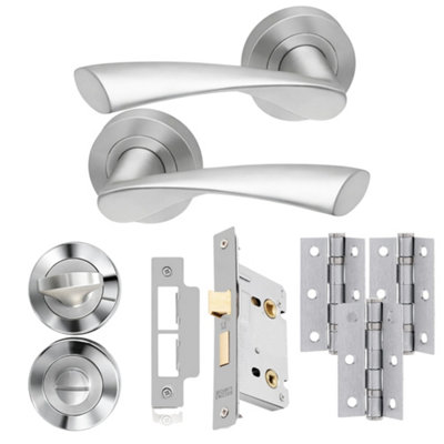 UAP Limited Uap Zeta Internal Door Handles Bathroom Pack With 65mm Lock Hinges Escutcheon Satin Chrome Polished from B&Q