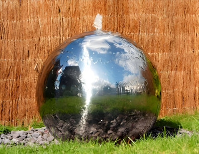 B&Q -  Polished Sphere Stainless Steel Garden Water Feature Fountain With Lights H28Cm