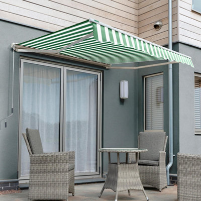 Primrose Awnings 2.5M X 2.0M Retractable Electric Half Cassette Green & White Awning Outdoor Patio Canopy from B&Q