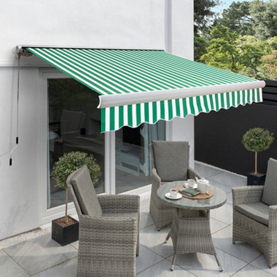Primrose Awnings 4.5M X 3.0M Retractable Manual Full Cassette Green & White Awning Outdoor Patio Canopy from B&Q