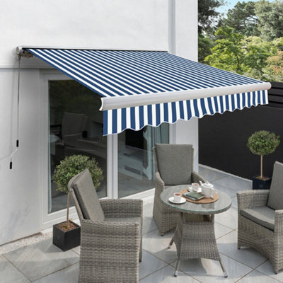 Primrose Awnings 5.0M X 3.0M Retractable Manual Full Cassette Blue & White Awning Outdoor Patio Canopy from B&Q