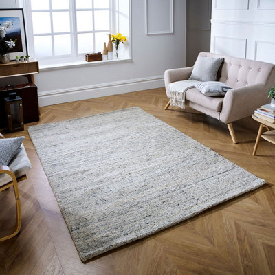 B&Q Cream Modern Striped Easy To Clean Wool Rug For Living Room & Bedroom-160Cm X 230Cm