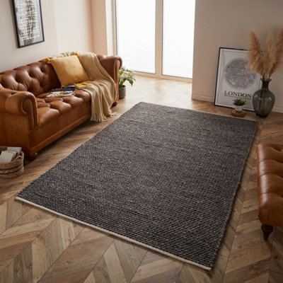 B&Q Handmade Modern Plain Wool Easy To Clean Textured Charcoal Rug For Living Room & Bedroom-200Cm X 290Cm Black