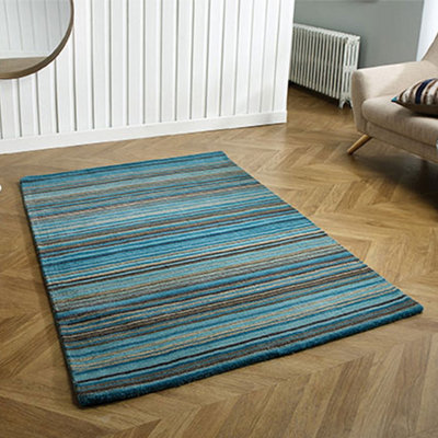 Handmade Easy To Clean Modern Striped Teal Wool Rug For Living Room & Bedroom-200Cm X 285Cm from B&Q