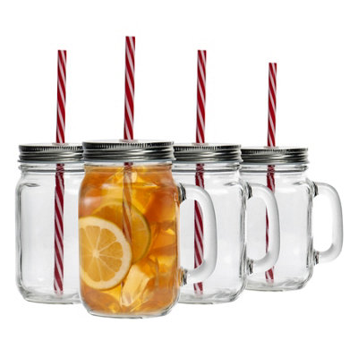 Rink Drink 450Ml Mason Jar Drinking GlassesSet Of 4Glass Drinking Jar Mugs With HandlesReusable Straws And Screw Top Lid from B&Q