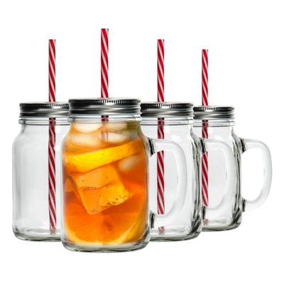 Rink Drink 620Ml Mason Jar Drinking GlassesSet Of 4Glass Drinking Jar Mugs With HandlesReusable Straws And Screw Top Lid from B&Q