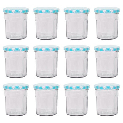 B&Q -  150Ml Glass Jam Jars With Airtight Blue Gingham LidsSet Of 12 Empty Screw Top Kitchen Storage Preserving Jar