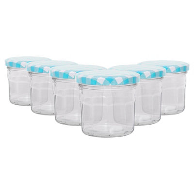 Argon Tableware Glass Jam Jars With Gingham Lids - 130Ml - Pack Of 6 Blue