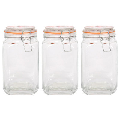 B&Q -  Square Glass Jars With Clip-Top Lids1.25LPack Of 3